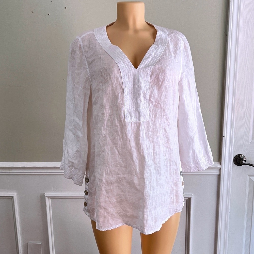 Sigrid Olsen Linen Tunic Blouse Sz L Minimalist White Boho Coastal Classic